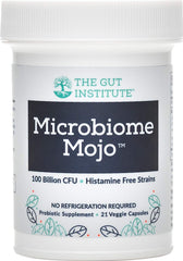 The Gut Institute Microbiome Mojo bottle front shows 2-in-1 probiotic blend for gut balance.