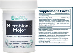 The Gut Institute Microbiome Mojo bottle side highlights shelf-stable, travel-friendly probiotics.