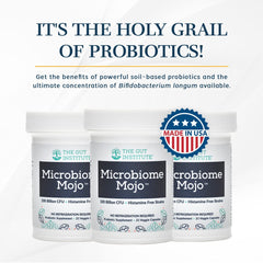 The Gut Institute Microbiome Mojo capsules closeup emphasizes 100B CFU plus 500M SFU.