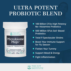 The Gut Institute Microbiome Mojo label design conveys premium, pharmacist-formulated quality.