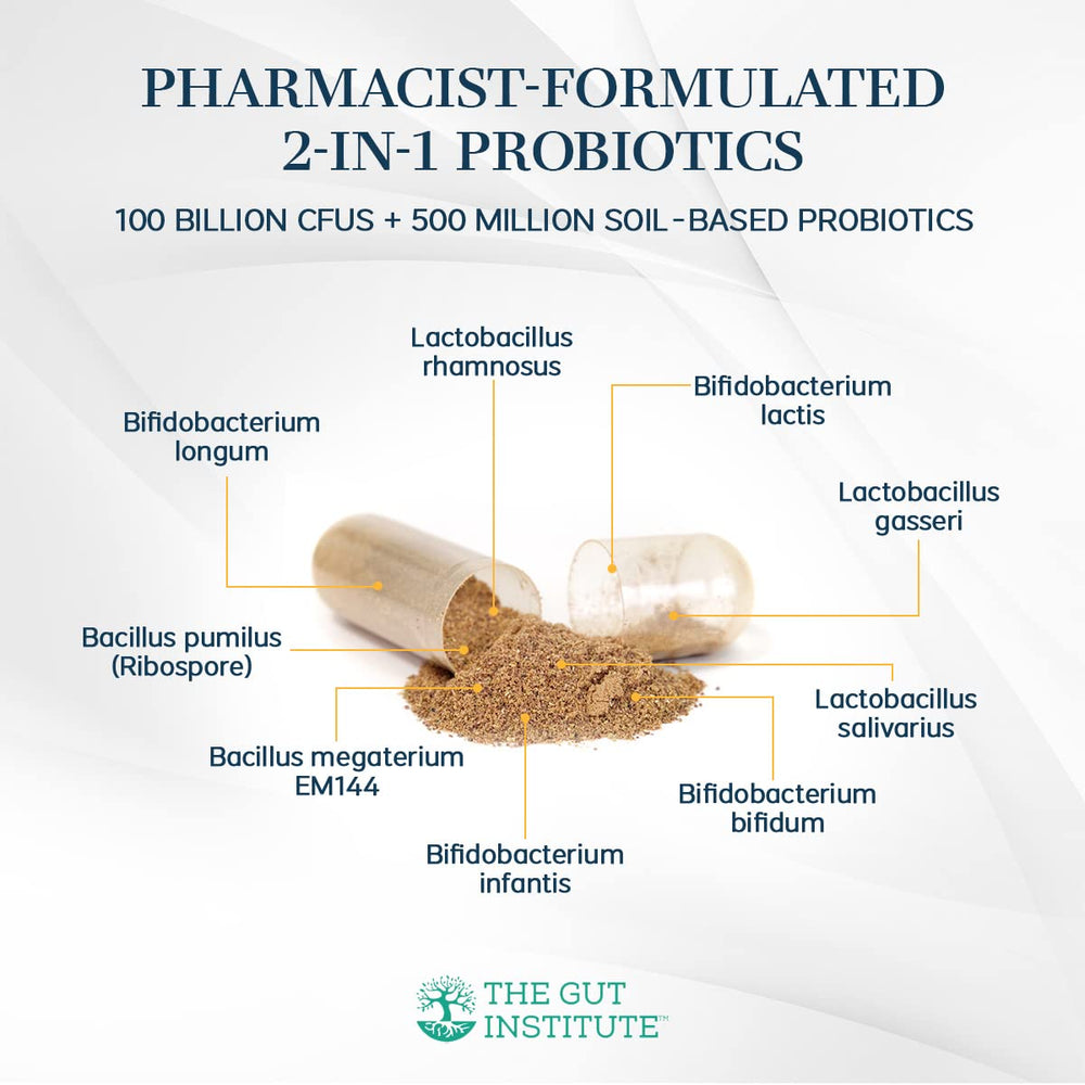 The Gut Institute Microbiome Mojo packaging box highlights 28-count bottle information.