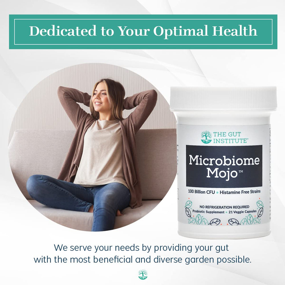 The Gut Institute Microbiome Mojo packaging demonstrates no refrigeration requirement.