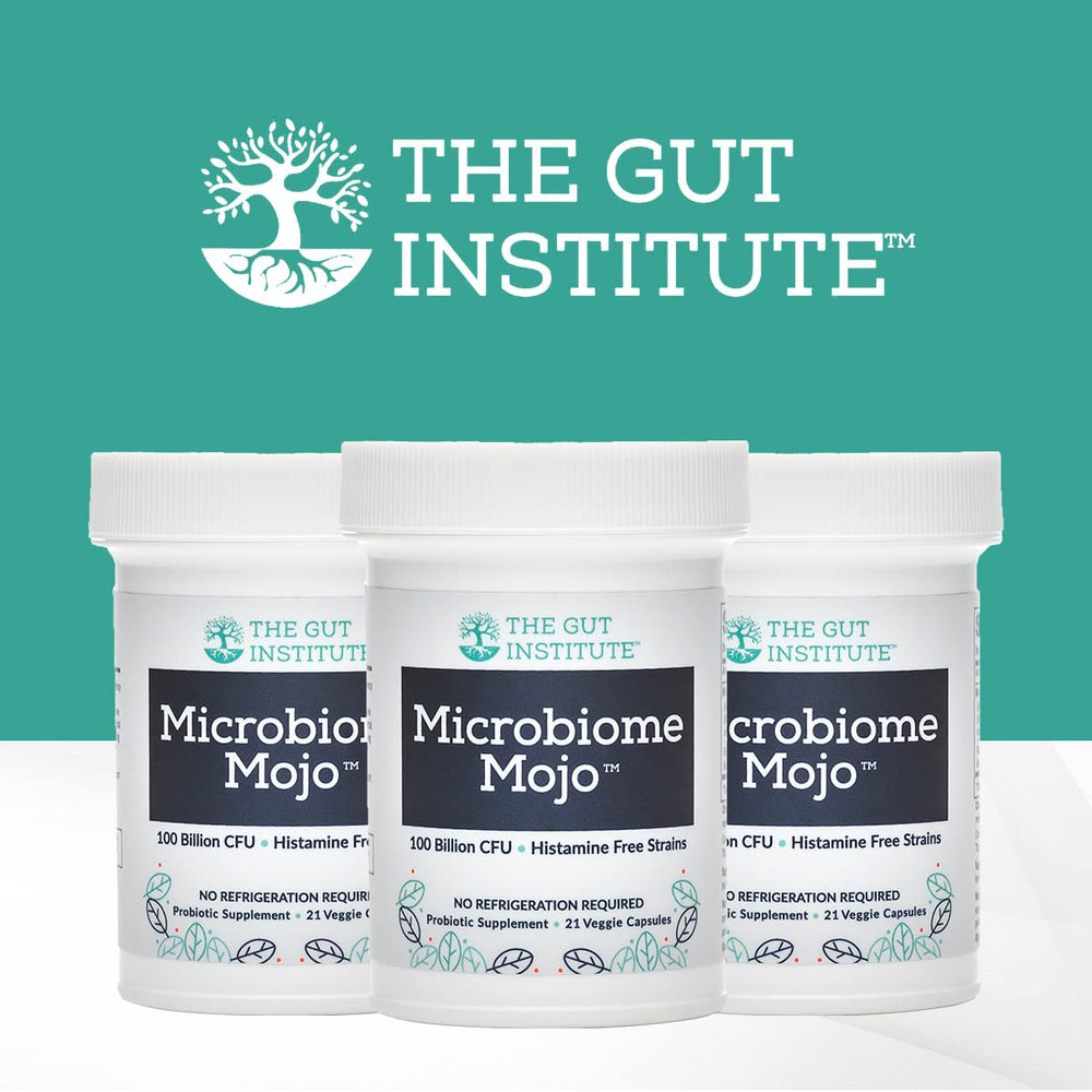 The Gut Institute Microbiome Mojo travel-pack image suggests easy daily use.