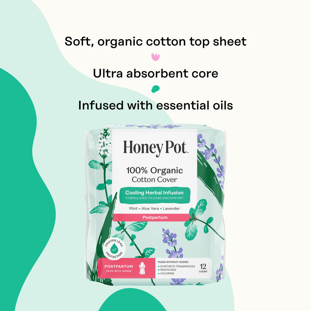 The Honey Pot pads with wings on packaging highlighting secure fit and leak prevention.