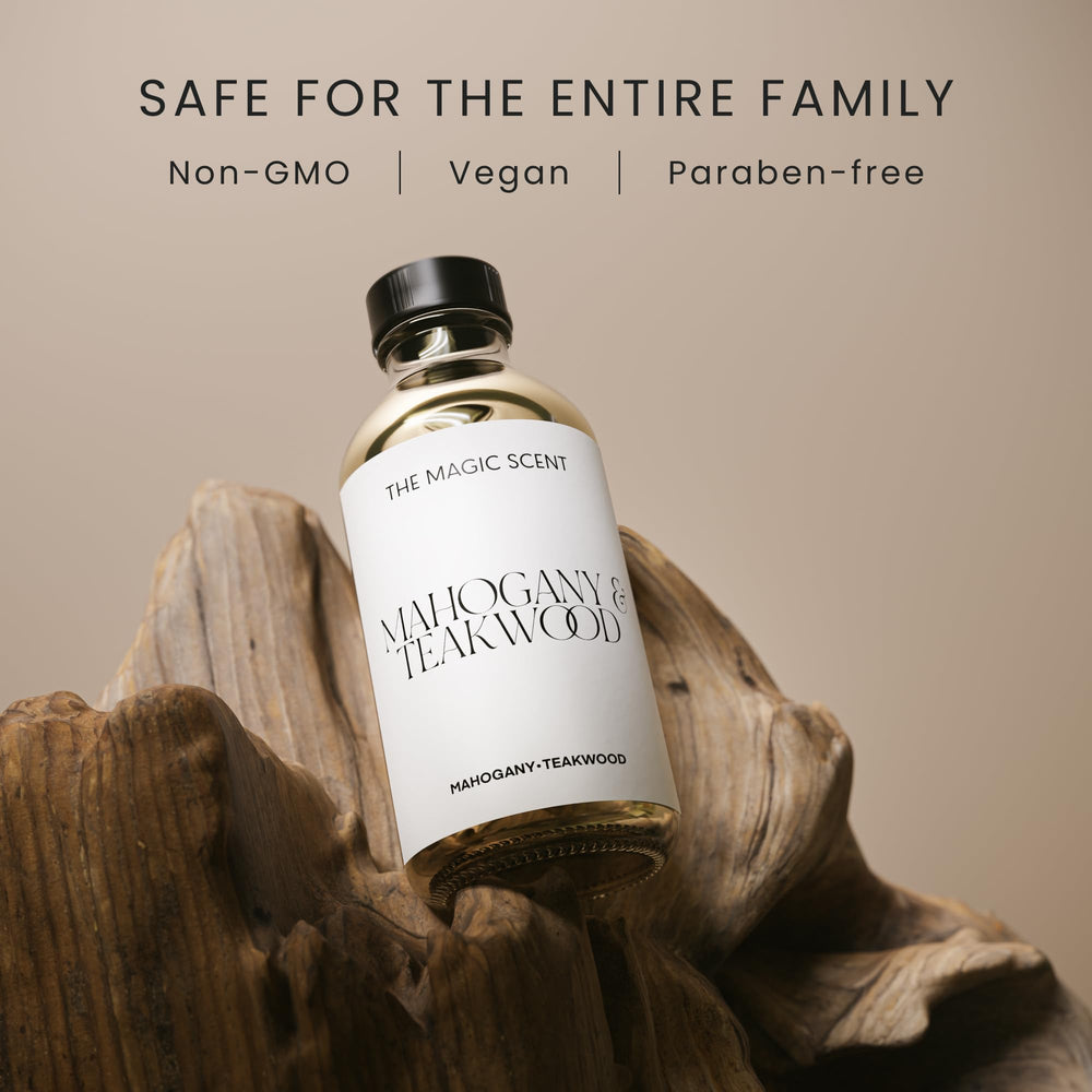 The Magic Scent diffuser oil label displays notes and usage directions for easy setup