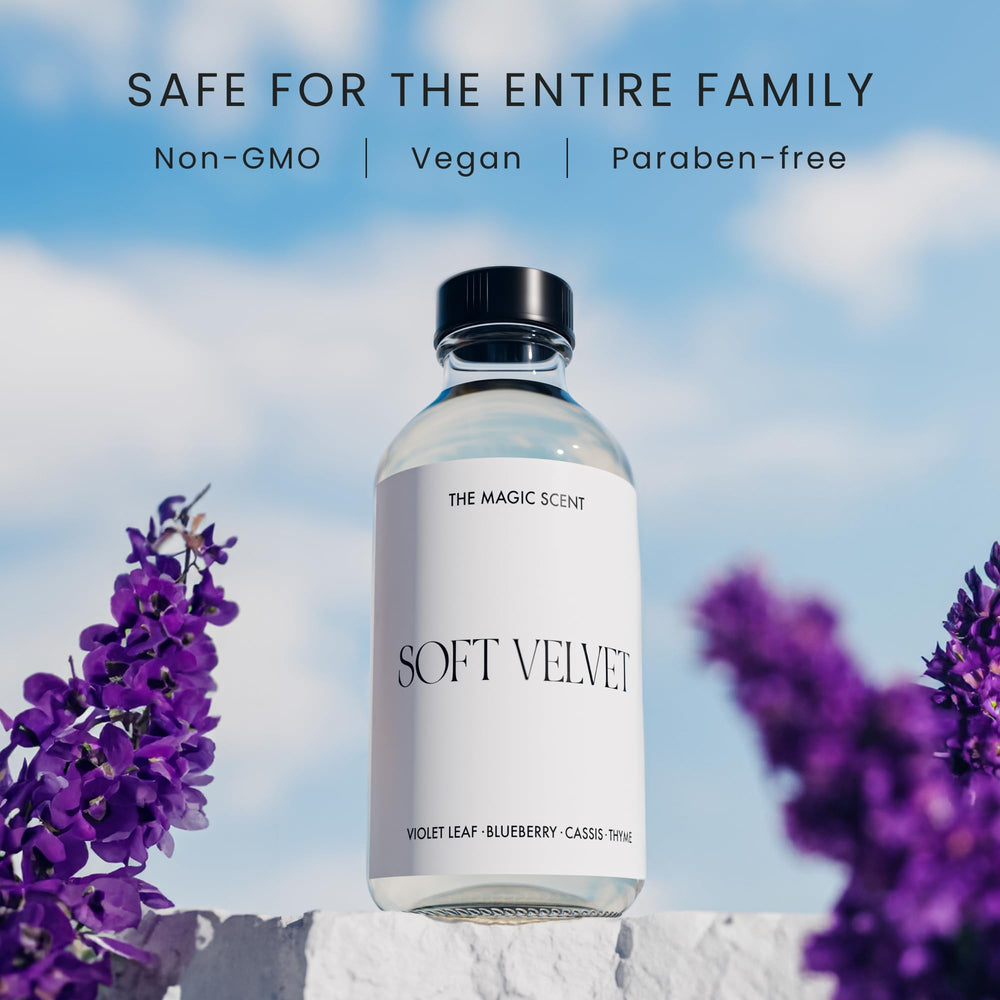 Soft Velvet diffuser oil drops showing premium aromatic blend for ambiance.