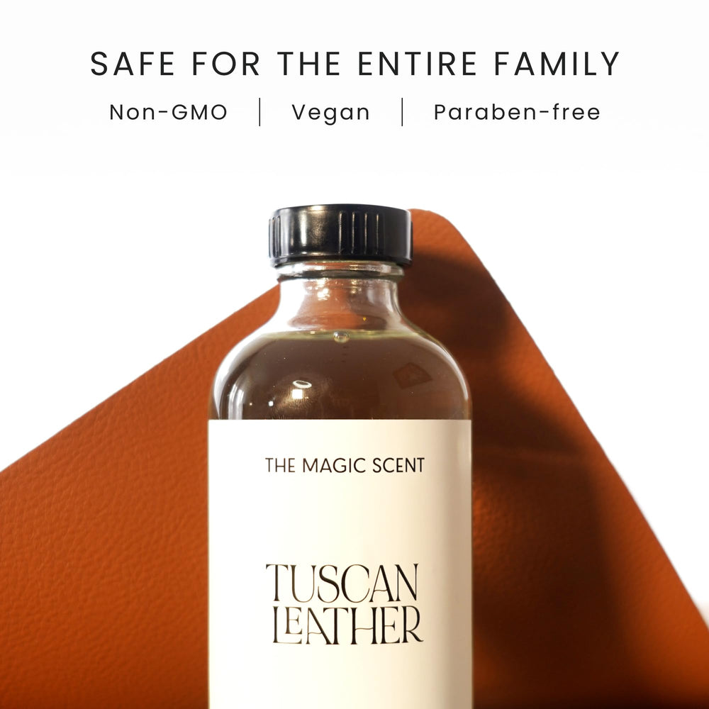 Close-up of The Magic Scent Tuscan Leather diffuser oil bottle cap