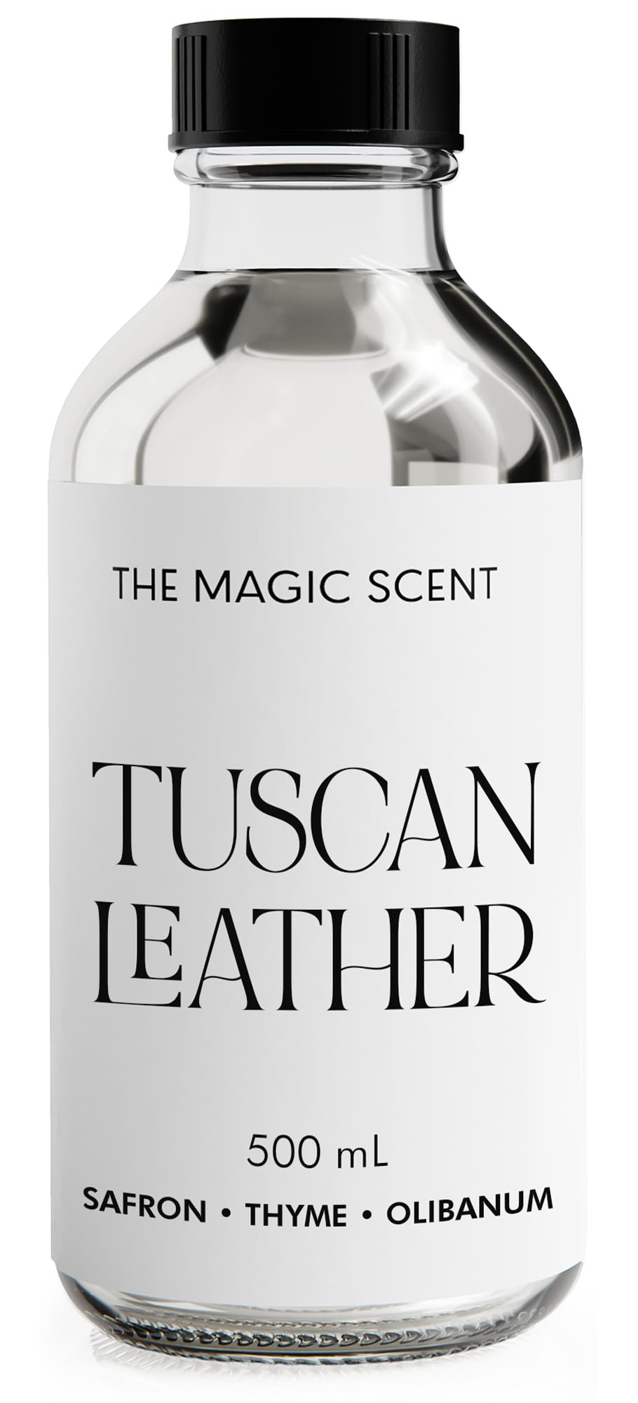 The Magic Scent Tuscan Leather diffuser oil bottle enhances upscale rooms with lasting leather notes.