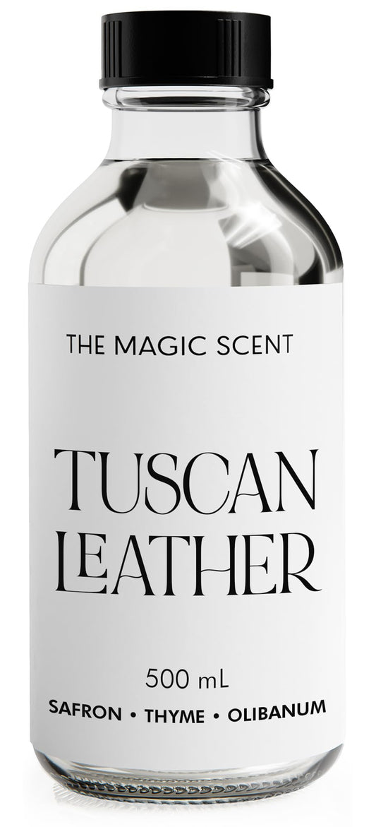 The Magic Scent Tuscan Leather diffuser oil bottle enhances upscale rooms with lasting leather notes.