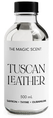 The Magic Scent Tuscan Leather diffuser oil bottle enhances upscale rooms with lasting leather notes.