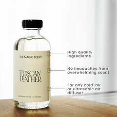 The Magic Scent Tuscan Leather diffuser oil packaging front with premium branding