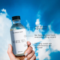 The Magic Scent White Tea Diffuser Oil glass bottle highlights clear oil and elegant design