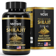 The MONK Organic Shilajit bottle highlights gold-grade formula for daily energy support.
