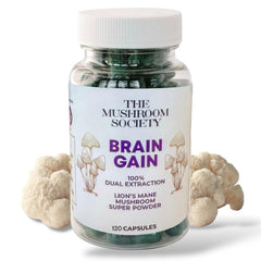 The Mushroom Society Brain Gain Lion’s Mane bottle for daily focus and memory support.