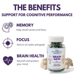 Close-up of Brain Gain Lion’s Mane capsules highlighting vegan, pure extract.