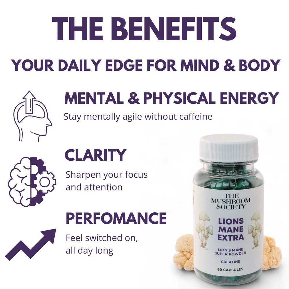 Close-up of The Mushroom Society Lion's Mane Extra capsules highlighting vegan formula.