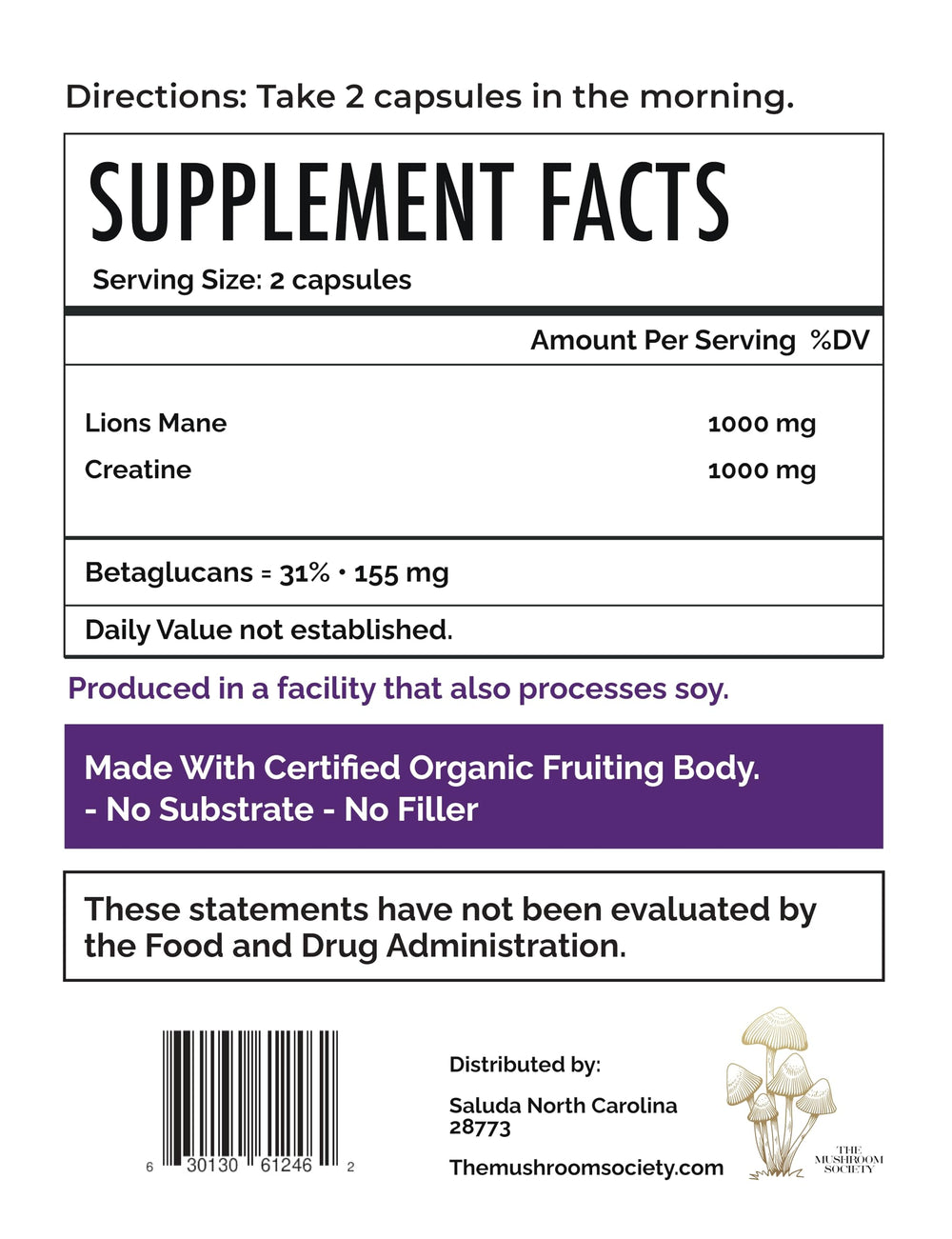 Label close-up of The Mushroom Society Lion's Mane Extra dual-action formula.