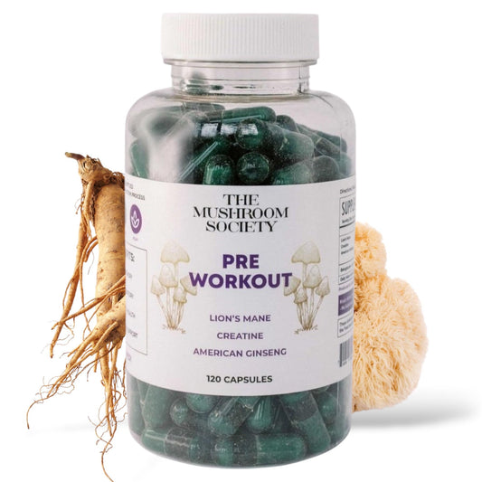 The Mushroom Society pre-workout bottle with label suggests stimulant-free energy for workouts.