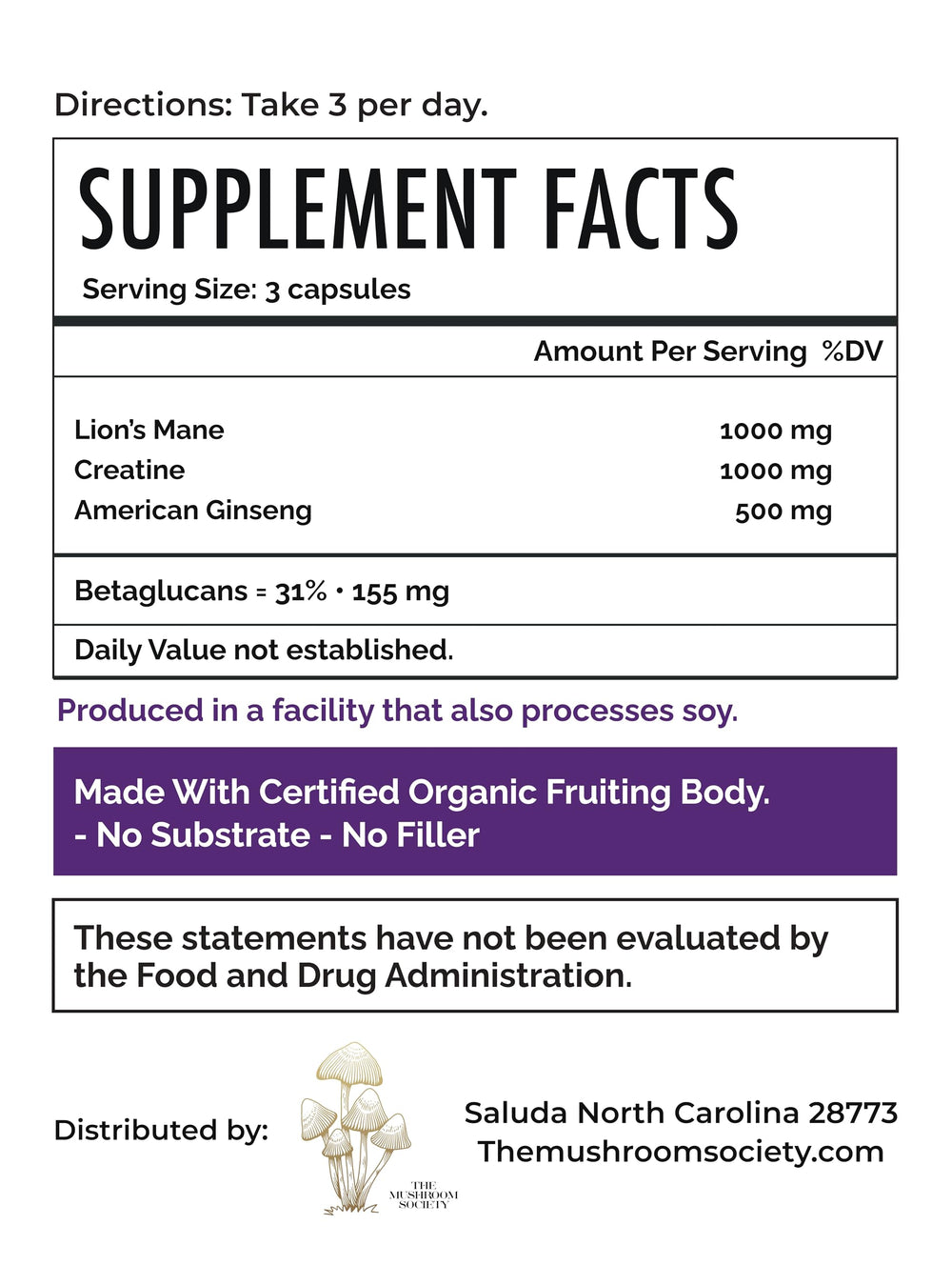 The Mushroom Society pre-workout label-front shot showcases Lion’s Mane and Creatine benefits.