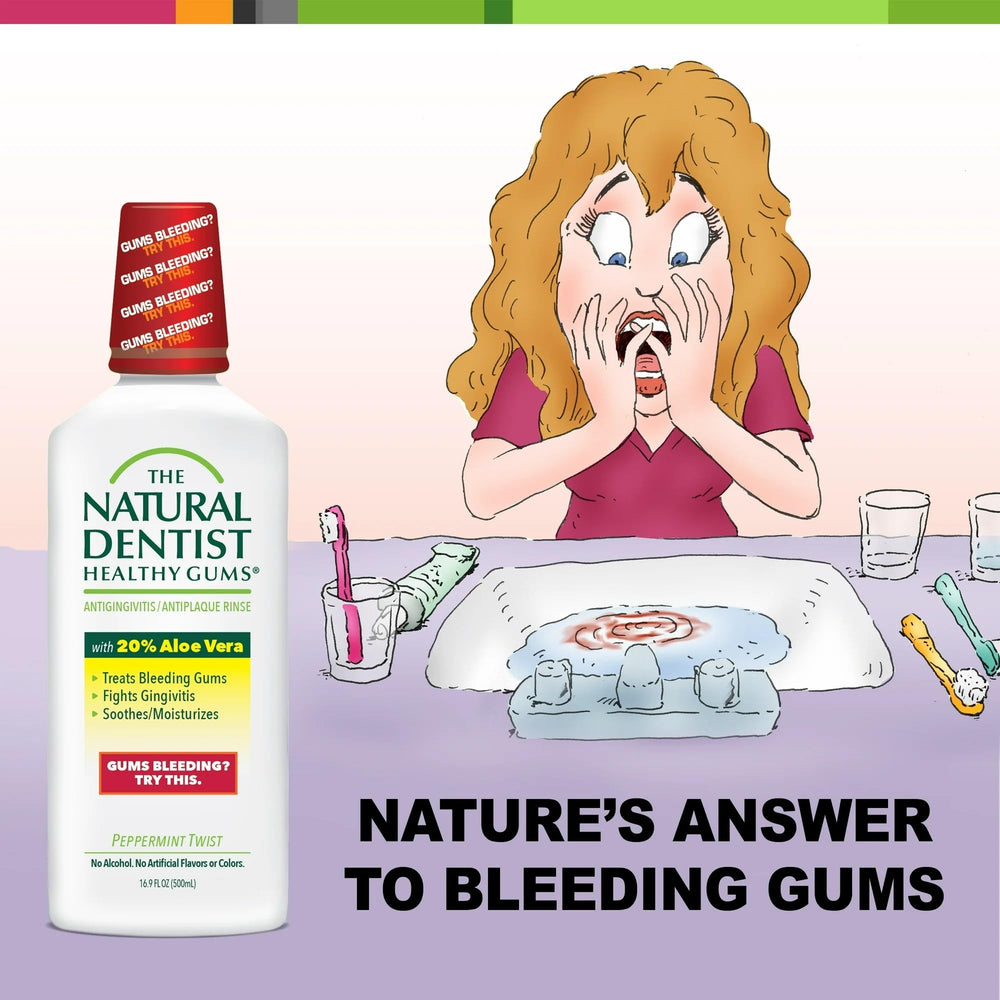 The Natural Dentist Healthy Gums Mouth Rinse Peppermint label close-up highlighting natural ingredients