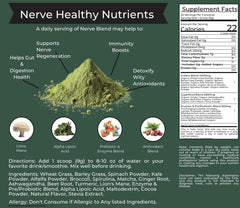 The Nerve Brand Neuropathy Superfood Blend packaging close-up conveys clean, premium quality.
