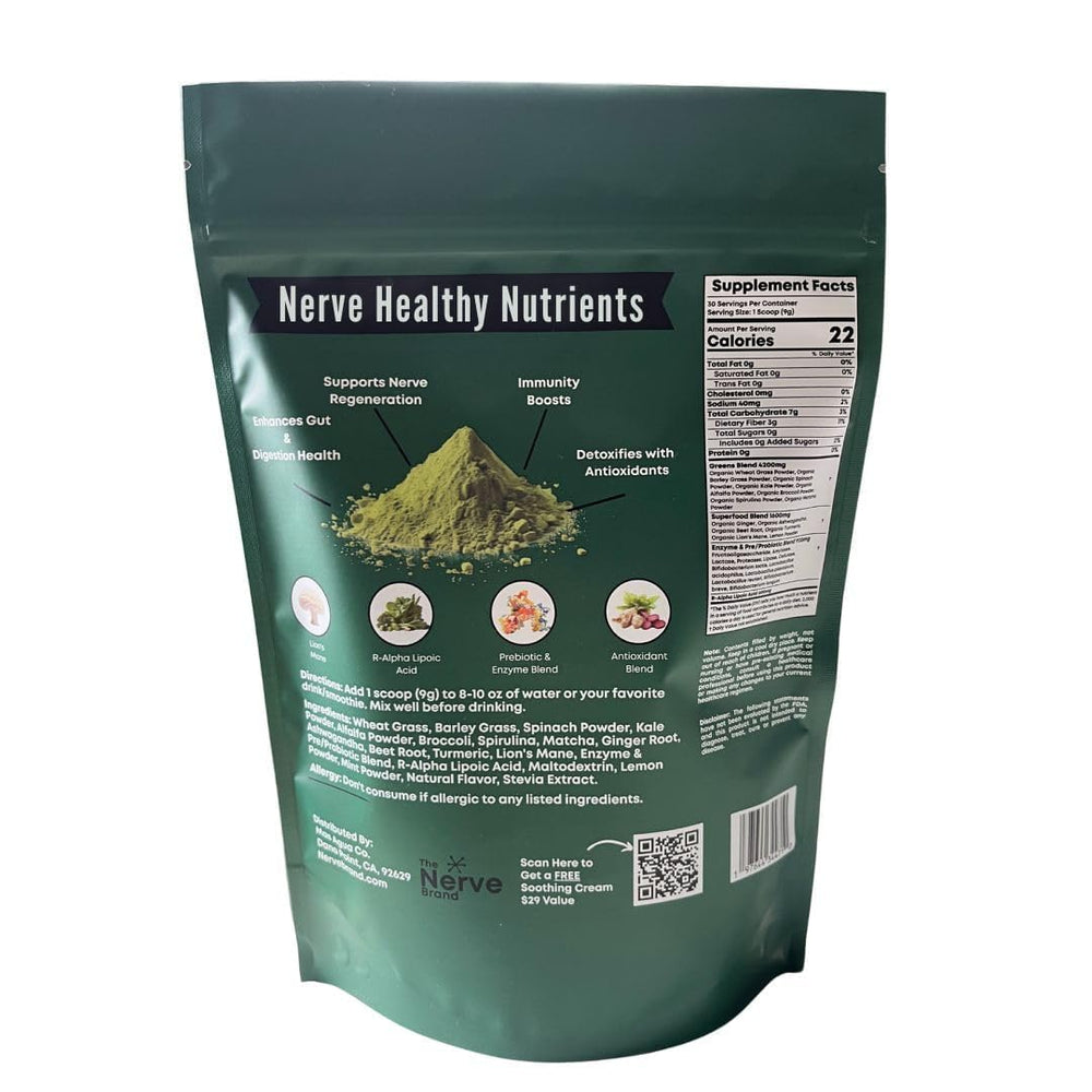 The package front of The Nerve Brand Neuropathy Superfood Blend, showcasing chocolate flavor for daily use.
