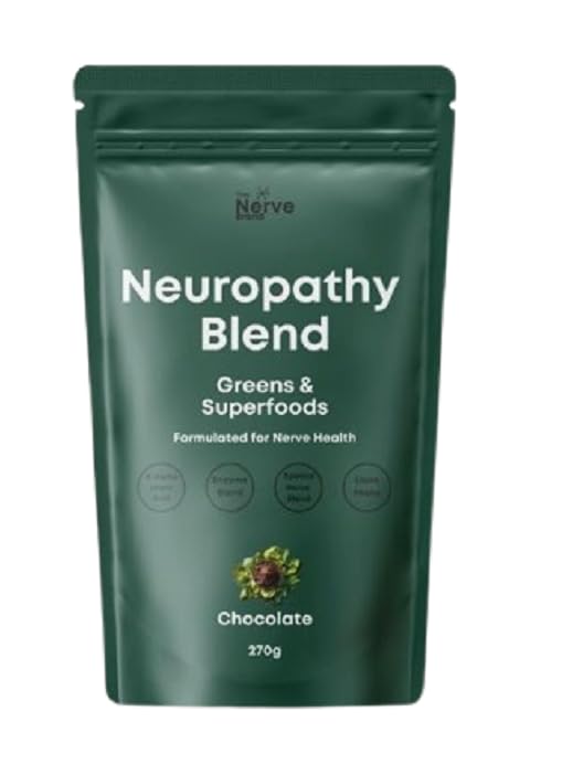 The Nerve Brand Neuropathy Superfood Blend tub in chocolate flavor for daily greens ritual.