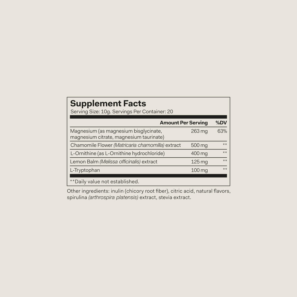 The Nue Co Magnesium Gut Barrier+ powder tub with spoon highlighting convenient nightly use