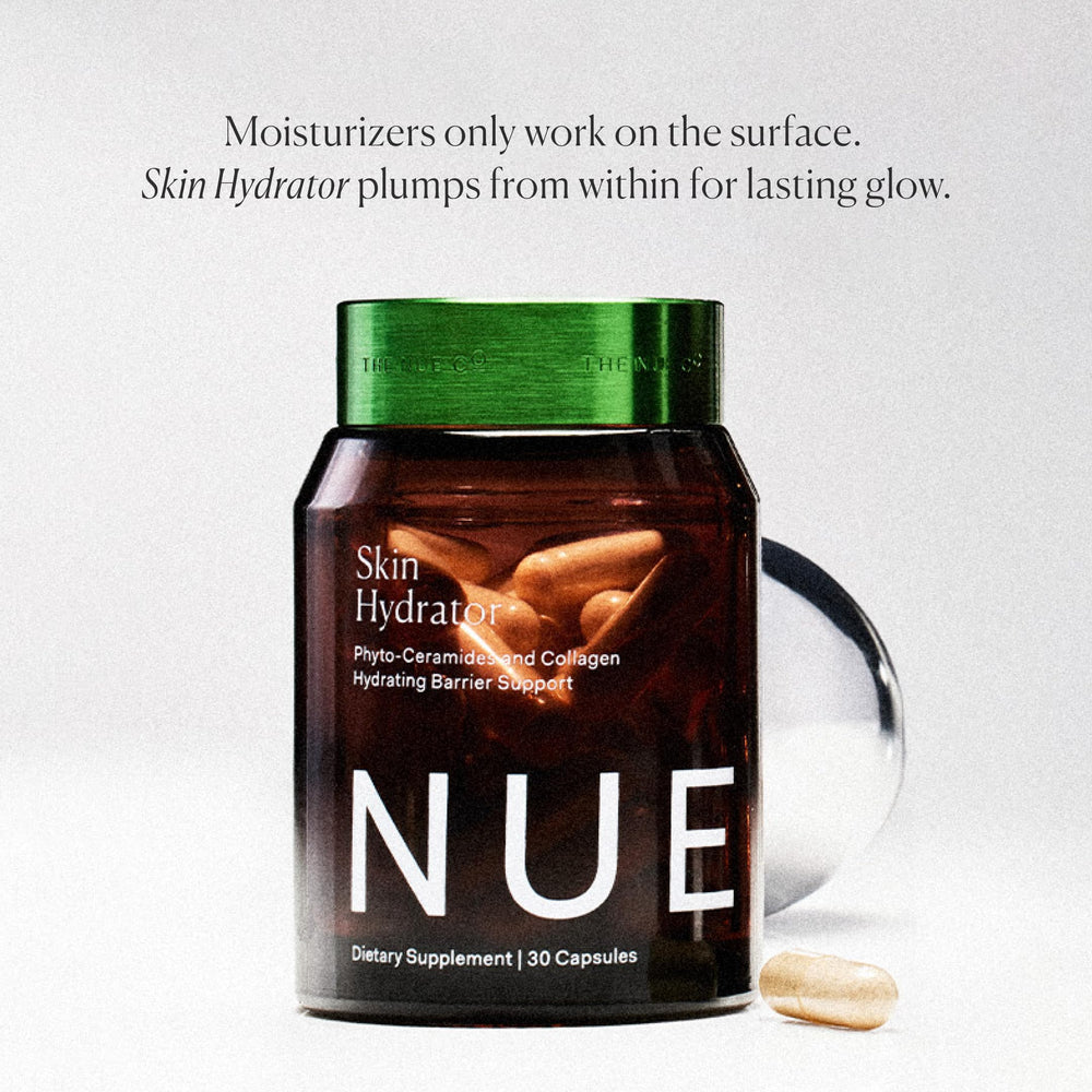 Ingredient label close-up featuring hyaluronic acid and ceramides in The Nue Co product