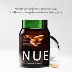 Ingredient label close-up featuring hyaluronic acid and ceramides in The Nue Co product