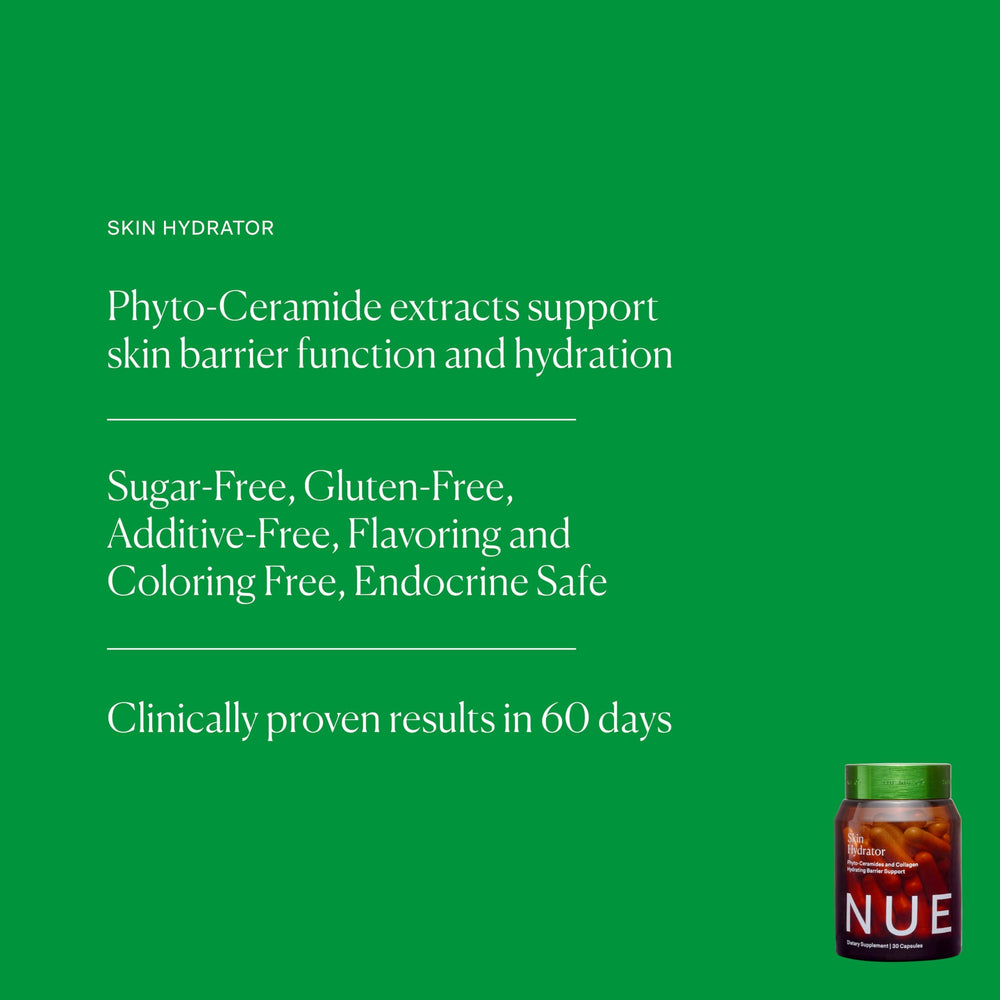 Label close-up on The Nue Co Skin Hydrator highlighting gluten-free formula