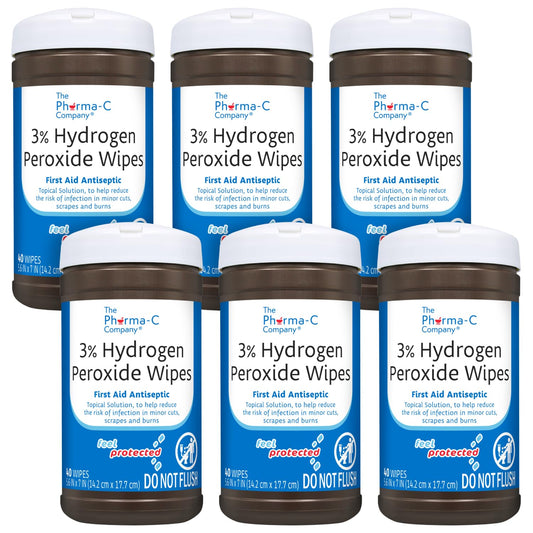 The Pharma-C Company 3-percent hydrogen peroxide wipes canister front shows packaging for minor wound care