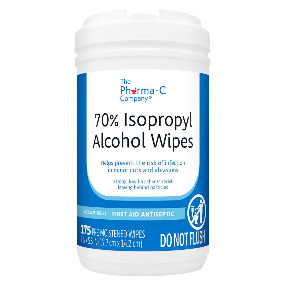 The Pharma-C Company IPA wipes dispensing angle shows ready-to-use moisture control packaging.