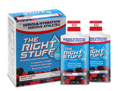 The Right Stuff Berry Blend electrolyte powder in a pouch ready for pre-hydration.