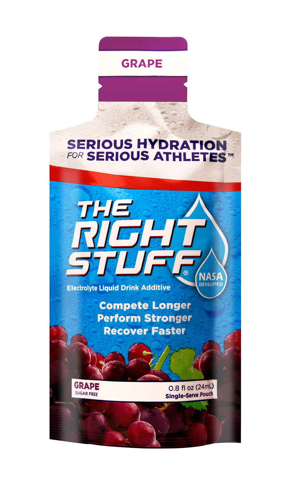 The Right Stuff grape pouch back, showing safety and certification details for sport.