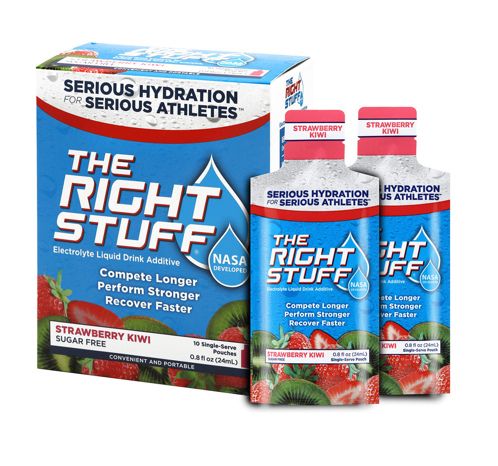 The Right Stuff strawberry kiwi pouch for convenient pre hydration and electrolyte balance.