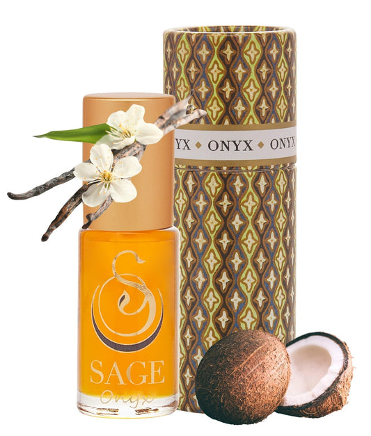 The Sage Lifestyle Onyx roll-on vanilla-sandalwood fragrance with long-lasting warmth.