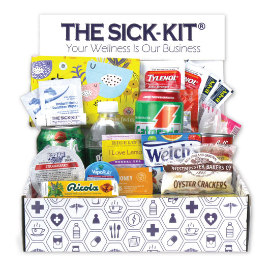 THE SICK-KIT box front view, gift-ready for comforting sick days