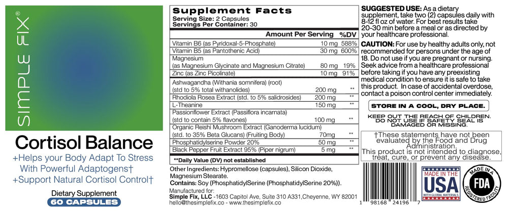 The Simple Fix Cortisol Balance production in USA facility conveying quality manufacturing.