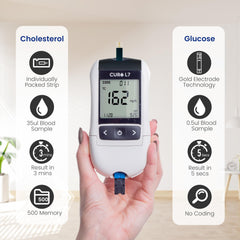 The Sommet CURO L7 lipid-panel display demonstrating professional-like accuracy in a portable meter.