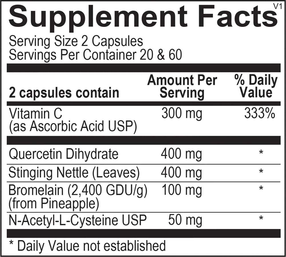 Label closeup showing key ingredients like quercetin and bromelain for informed use