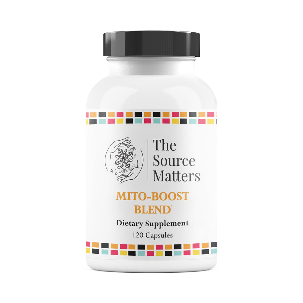The Source Matters Mito-Boost Blend bottle front shows compact energy support.
