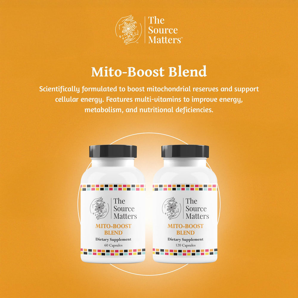 The Source Matters Mito-Boost ingredients graphic highlights key nutrients for cellular energy