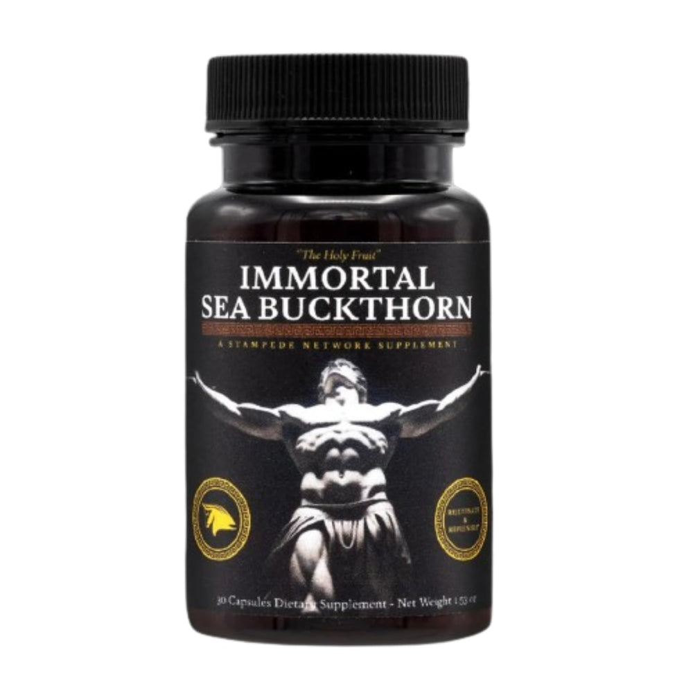 The Stampede Network Immortal Sea Buckthorn capsules bottle for daily vitality and immune support.