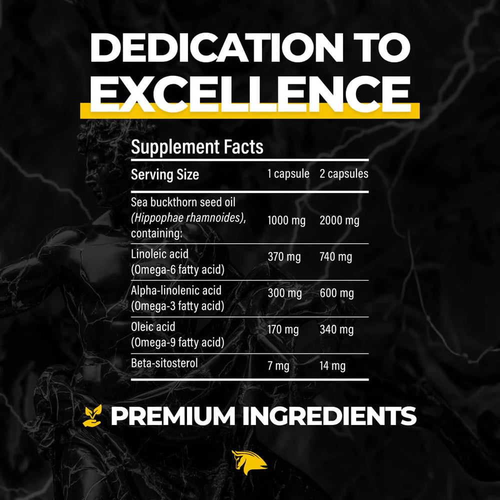 The Stampede Network Immortal Sea Buckthorn capsules ingredients panel highlights omega fatty acids.