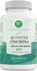 The Supermom Company quinine bottle shows 120 capsules for muscle relief and digestive support.
