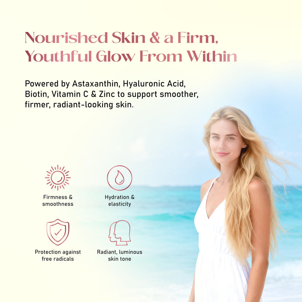 Allergen-free and sugar-free label communicates a clean, trusted beauty-from-within option.