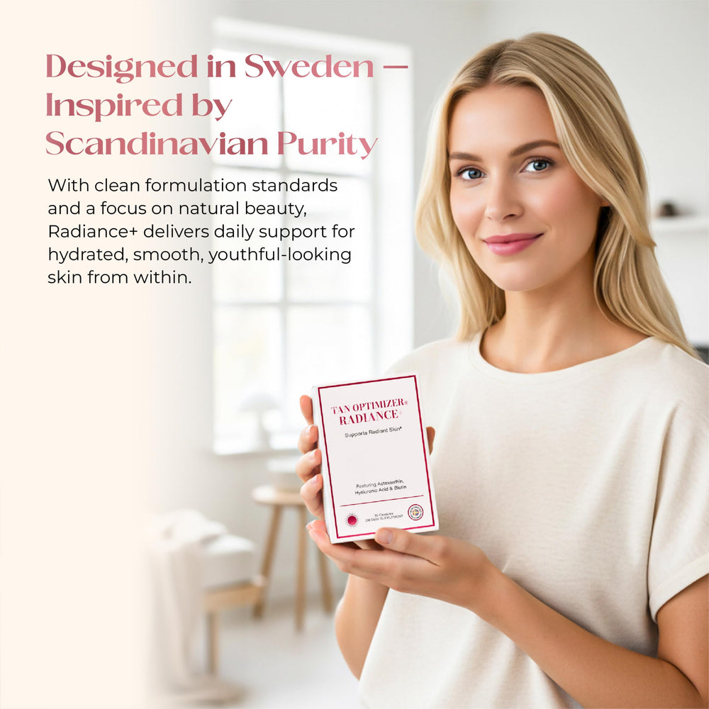 Astaxanthin capsule image suggests antioxidant support for balanced luminosity.