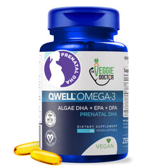 The Veggie Doctor vegan prenatal DHA bottle shows algae-based omega-3 for mom.