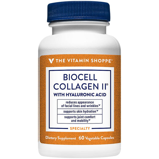 The Vitamin Shoppe Collagen Type II 1000mg bottle showing joint support potential